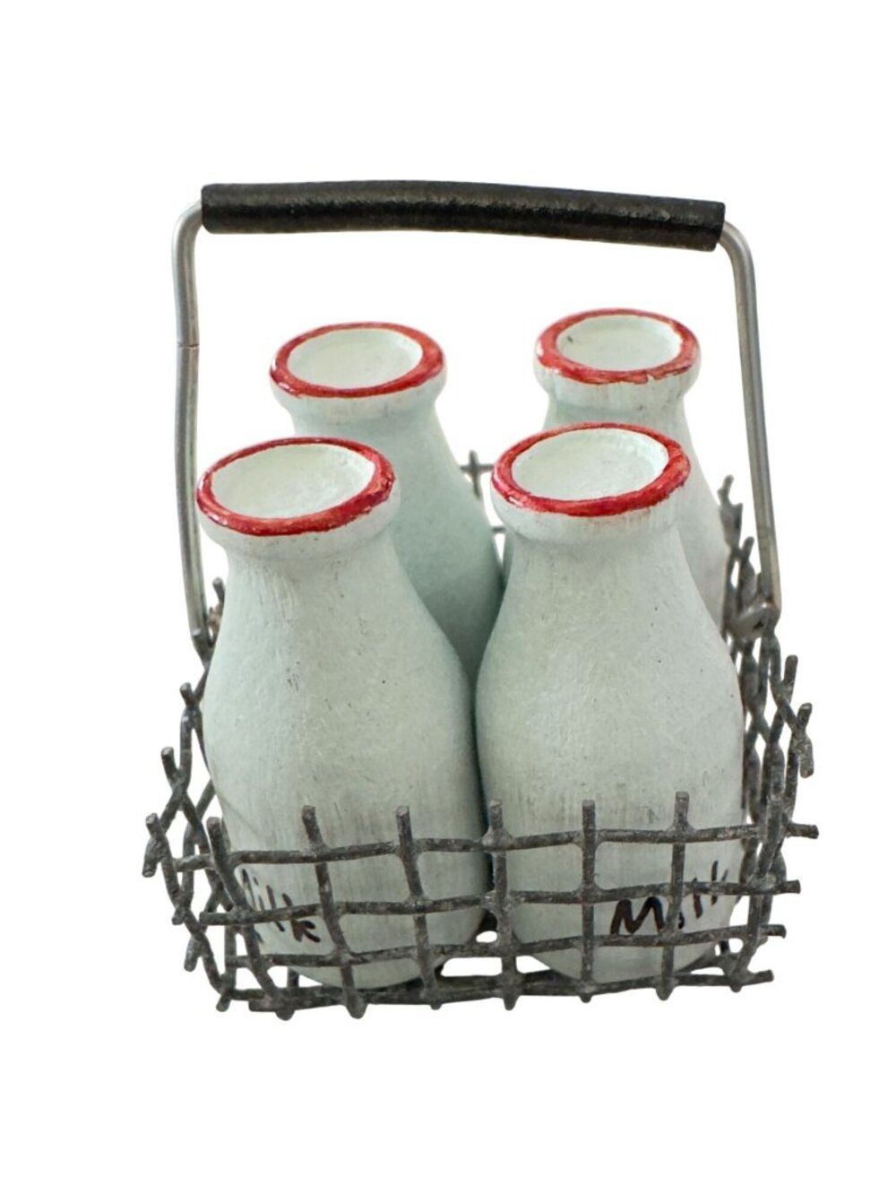 Miniature Milk Bottles Set Of 4 Wire Basket Farmhouse Dollhouse Decor 1:12 Scale